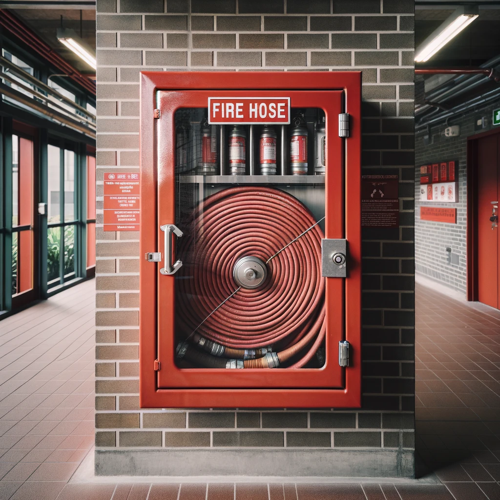 DALL·E 2023-11-05 13.44.41 - An industrial-grade fire hose cabinet mounted on a wall, commonly used by firefighters. The cabinet is bright red with a clear glass panel displaying