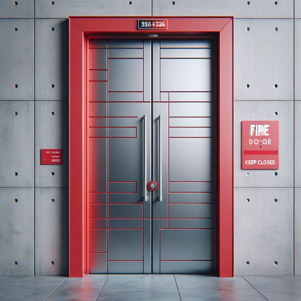 DALL·E 2023-11-05 14.05.39 - A fire-resistant door designed for preventing the spread of fire and smoke between compartments or rooms. The door is made of heavy-duty steel with a